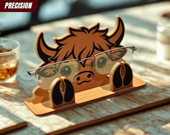 Archivo de corte láser para soporte de gafas con forma de vaca de las Tierras Altas: Soporte para gafas con forma de animal para decoración de oficina (SVG)