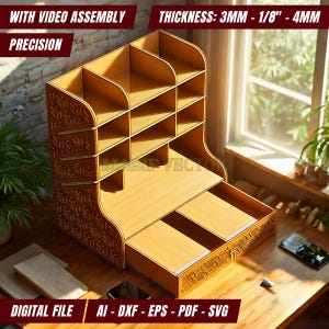 Desk Organizer: 9 Slot Stationery Holder with Bottom Drawer Laser Cut Design (Digital Download)