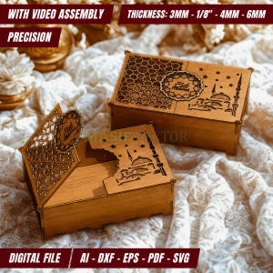 Può includere: Scatole in legno tagliate al laser con disegni intricati, tra cui una moschea e un motivo a stelle. Le scatole presentano il testo "Eid Mubarak" e sono disponibili come file digitale. Lo spessore è di 3mm a 6mm.