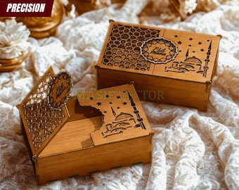 Pudełko na prezent Eid Mubarak wycinane laserowo: projekt drewnianego pudełka islamskiego na Ramadan (do pobrania w wersji cyfrowej)
