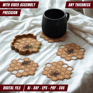 Honeycomb Wooden Coaster Laser Cut Files: Engraved Bee SVG For Housewarming Gift (Digital Download)