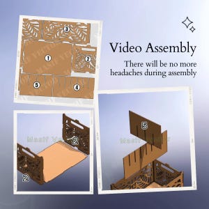 A collage illustrates a step-by-step assembly guide for a Stackable Storage Box SVG Bundle. Highlighting how this video assembly ensures no headaches with its ease of setup.