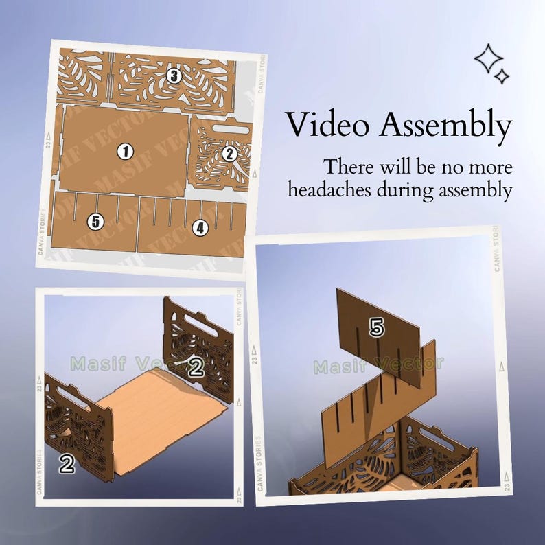 A collage illustrates a step-by-step assembly guide for a Stackable Storage Box SVG Bundle. Highlighting how this video assembly ensures no headaches with its ease of setup.