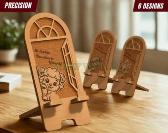 Paquete de archivos SVG de soporte para teléfono cortados con láser para accesorios de escritorio: Soporte para teléfono con animal de granja asomándose