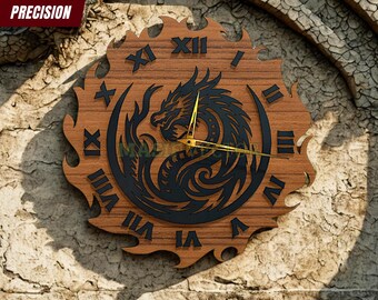 Drewniany zegar z motywem mitycznego smoka cięty laserowo | Dekoracyjny wzór z fantazyjnymi płomieniami i nowoczesnym stylem