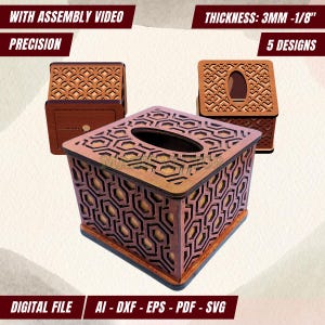 Caja cortada con láser: Funda cuadrada para caja de pañuelos SVG con modernos patrones geométricos (Productos digitales)