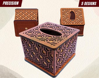 Caja cortada con láser: Funda cuadrada de madera para caja de pañuelos con patrones geométricos SVG