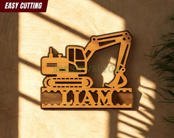 Letrero SVG para puerta de dormitorio infantil con excavadora: Archivos de corte láser con nombre personalizado (descarga digital)
