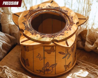 Pudełko wycinane laserowo: grawerowany motyl i kwiat w formacie SVG do drewnianego pudełka na pamiątki Iris (produkt cyfrowy)