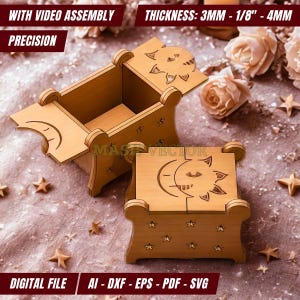 Caja de joyería de madera - Caja con diseño de sol y luna celestiales cortada con láser (Descarga digital)
