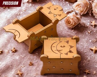 Drewniana szkatułka na biżuterię – niebiańskie słońce i księżyc wycinane laserowo (do pobrania w wersji cyfrowej)