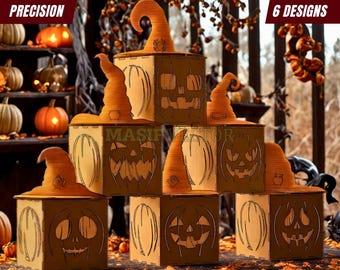 Portavelas de calabaza de Halloween: 6 diseños de farolillos para velas de té cortados con láser (descarga digital)