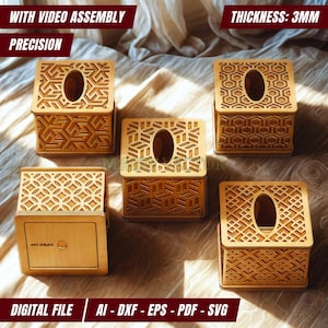 File tagliati al laser - Scatola di fazzoletti quadrata con coperchio scorrevole - 5 diversi motivi geometrici - Arredamento moderno per la casa, file SVG fai da te per l'artigianato