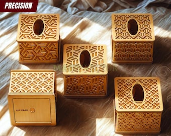 Pudełko wycinane laserowo: kwadratowe pudełko na chusteczki w formacie SVG z nowoczesnymi wzorami geometrycznymi (produkty cyfrowe)