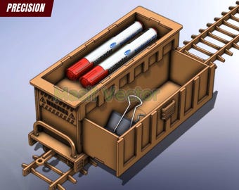 Organizer na biurko z wycinanymi laserowo plikami: Drewniany uchwyt na długopisy w kształcie pociągu z organizerem w szufladzie (do pobrania w wersji cyfrowej)