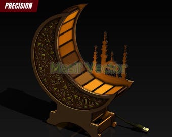 Pliki cięte laserowo: Lampa stołowa z półksiężycem w kształcie Ramadan Kareem (pobranie cyfrowe)
