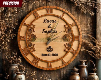 Spersonalizowany zegar z drewna: wycinany laserowo w stylu Mid Century Modern jako prezent ślubny (wersja cyfrowa do pobrania)