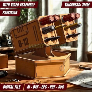 Laser Cut Files - Turret Missile Stifthalter G12 mit Schublade | Schreibtisch Organizer für Kinder, Gamer, & DIY Geschenkideen | Ausgefallene Büro Deko