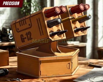 Organizer na długopisy na biurko: Wyrzutnia rakiet z wieżyczką, pliki wycinane laserowo G12 (do pobrania w wersji cyfrowej)