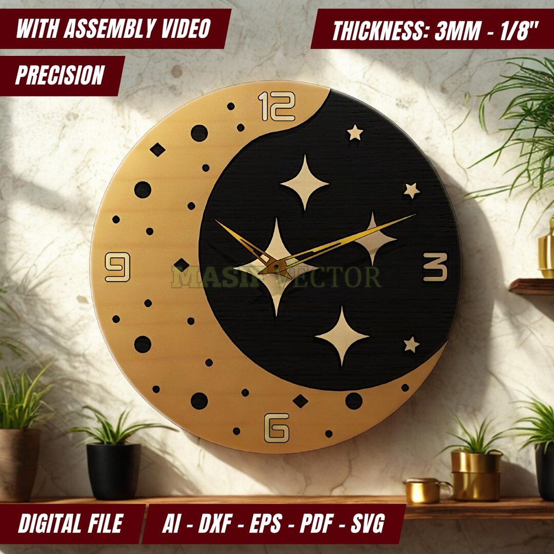 Celestial Star and Moon Wooden Wall Clock: Modern Minimal Decor Laser ...