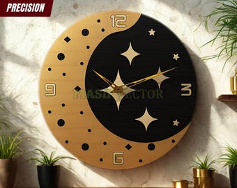 Celestial Star and Moon Wooden Wall Clock: Modern Minimal Decor Laser Cut (Digital Download)