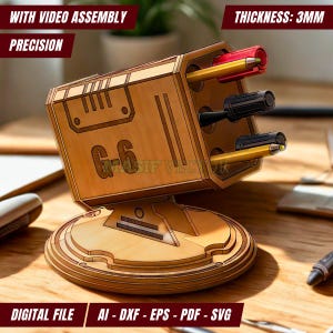 Laser Cut Files - Turret Missile Stifthalter G6 | Drehbarer Schreibtisch Organizer für Kinder, Gamer & DIY Geschenkideen | Ausgefallene Büro Deko