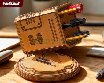 Organizer na długopisy na biurko: Wyrzutnia rakiet z wieżyczką, pliki wycinane laserowo G6 (do pobrania w wersji cyfrowej)