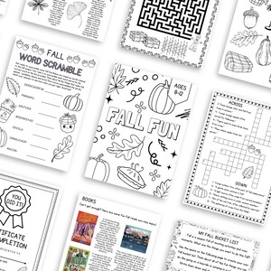 May include: A set of printable black and white fall-themed activity sheets for kids. The sheets include a word scramble, a maze, a crossword puzzle, a coloring page, a certificate of completion, and a bucket list. The sheets are perfect for keeping kids entertained during the fall season.