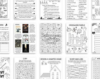 Könnte beinhalten: Ein Schwarzweiß-Halloween-Aktivitätsbuch mit verschiedenen Aktivitäten wie Diagrammen, Wortsuchen, Kreuzworträtseln, Mad Libs und Ich sehe was. Das Cover zeigt den Text "Halloween Activity Book".