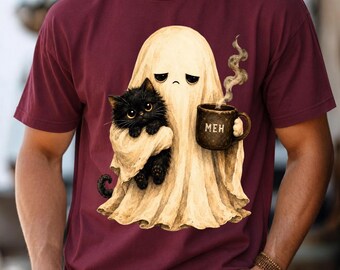 Spökkatt Spöklik svart katt Kaffeälskare PNG: Rolig Halloween katthumor png Söt höstkonstverk