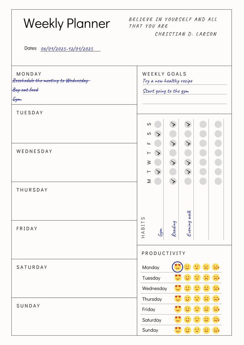 Printable Weekly Planner Template, Weekly Agenda Sheets, Undated Weekly ...