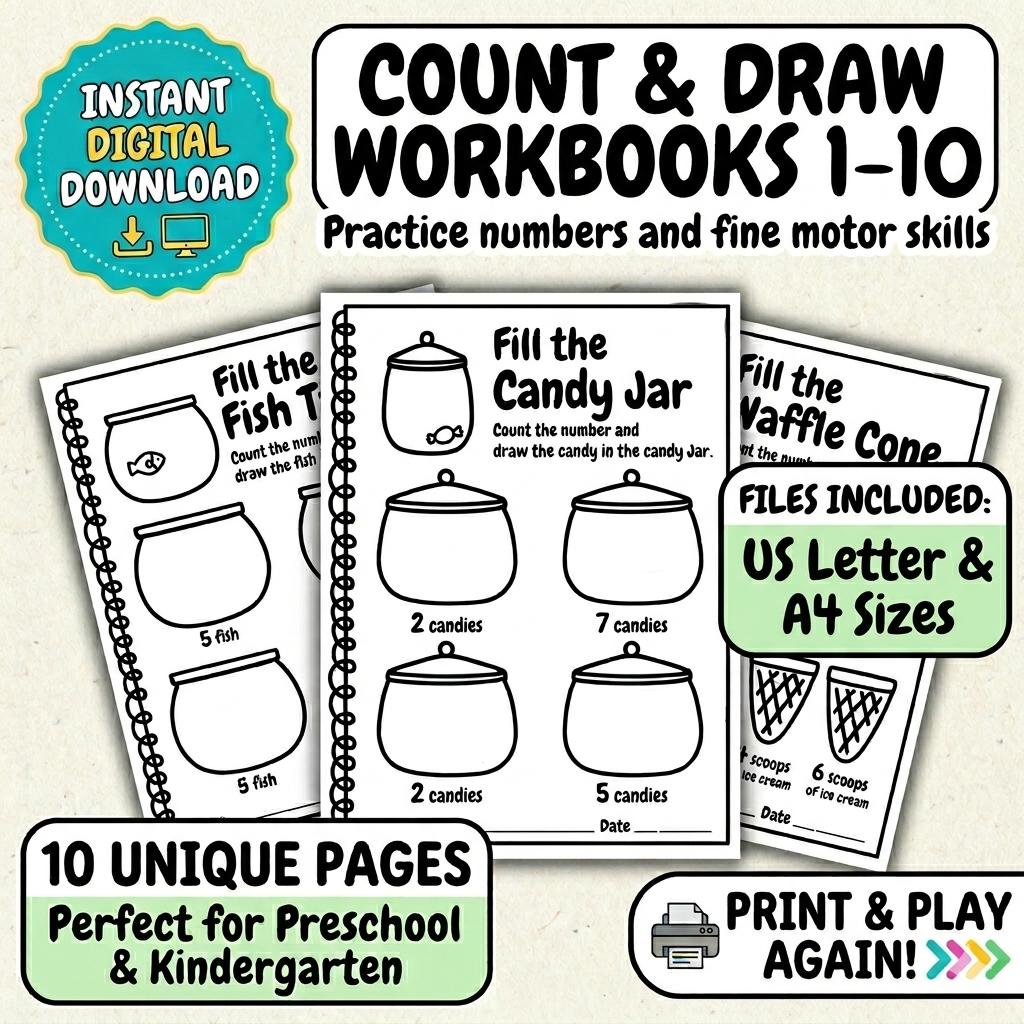 Count And Draw Worksheets.pdf Count and Draw Worksheets 1-10, Kindergarten Math, Preschool Number ...