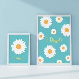 2 Poster(+2 ohne Beschriftung) I Daisy U Poster zeichnung Blume mit türkisem Hintergrund