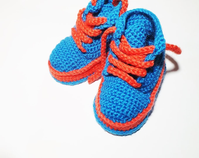 Hand Knitted Baby Booties – Blue and Orange Crochet Shoes, Newborn Gift, Soft Natural Yarn, Unique Baby Celebration Present