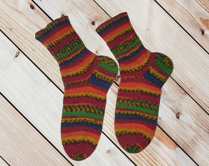 Knitted Wool Socks – Natural Sheep Wool – Warm and Cozy Winter Socks – Multi-Color Striped Design – Gift for Him & Her