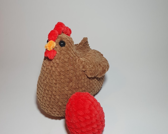 Handmade Plush Hen with Red Egg – Soft Crochet Chicken – Easter Dеcor