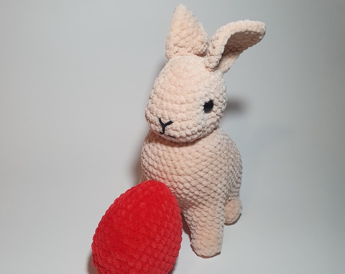 Handmade Plush Bunny with Red Easter Egg – Soft Crochet Rabbit Toy – Easter Gift