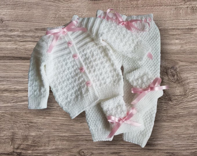 Handmade Newborn Baby Set – White Acrylic Cardigan, Pants & Booties (0–3 Months)