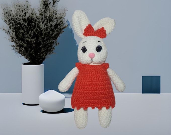 Handmade plush bunny, Crochet bunny toy, Stuffed animal bunny, Amigurumi bunny, Bunny in red dress, Soft plush toy, Easter bunny gift