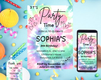 May include: A colourful birthday party invitation with a tie-dye design, displaying the text "It's Party Time" and details for Sophia's 8th birthday. A matching invitation is shown on a smartphone. A thank you card is also included.