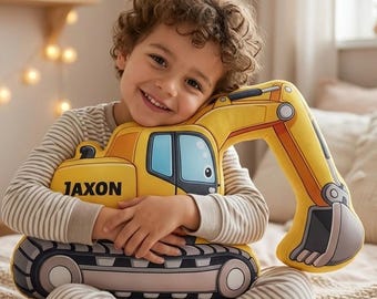 Personalized Excavator Truck Cushion Custom Initial Construction Vehicle 3D Graphic Print Flat Print Only NOT Embossed Kids Room Gift Design