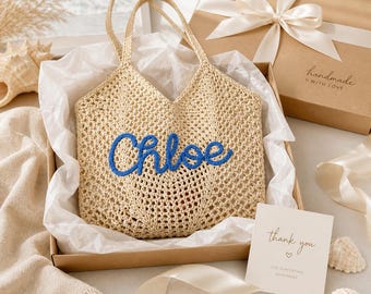 Bolsa de praia de crochê personalizada com nome, ideal para férias de verão, presente para madrinhas, bolsa de viagem boho, lembrancinha de casamento para mulheres.