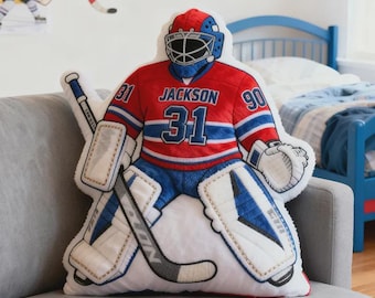 Custom Hockey Goalie Pillow with Name Number Flat Printed 3D Look NOT Embossed Kids Gift Sports Room Decor Goalie Fan Present for Boys