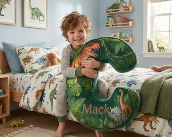 Personalized Dinosaur Letter Pillow Custom Name Kids Rm Decor Alphabet Cushion Flat Printed 3D Look NOT Embossed Jurassic Initial Xmas Gift