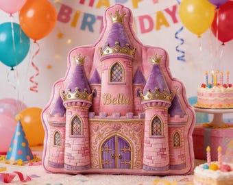 May include: Pink and purple castle-shaped pillow with gold accents, including crowns and decorative trim. The pillow has the name "Bella" embroidered on it. The background includes balloons, a birthday banner, and a cake, suggesting a birthday theme.