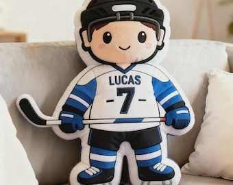 Personalized Hockey Player Pillow Custom Name Number Flat Printed 3D Look NOT Embossed Kids Room Sports Cushion Team Player Gift Boys Pillow