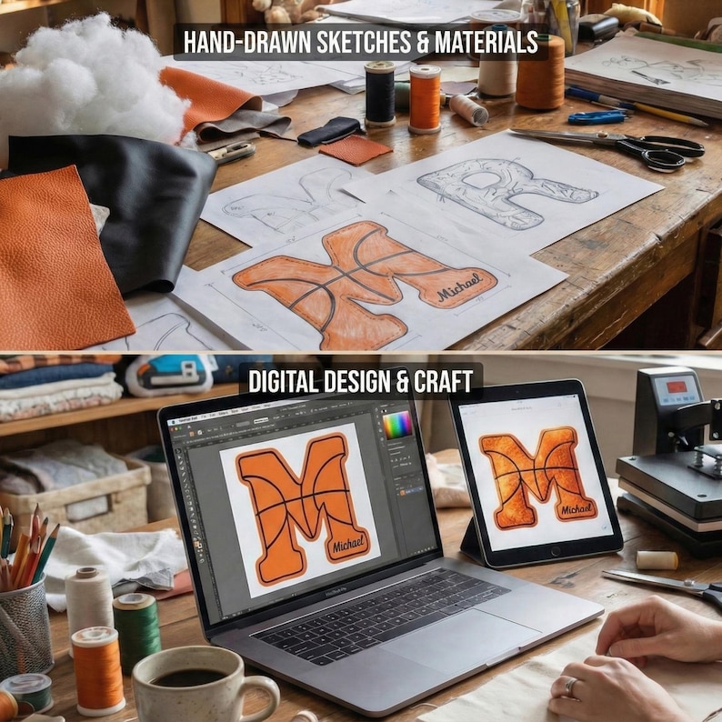 Pode incluir: Um espa&ccedil;o de trabalho mostrando o processo de design. A metade superior exibe esbo&ccedil;os e materiais desenhados &agrave; m&atilde;o, incluindo couro e carret&eacute;is de linha. A metade inferior mostra design digital em um laptop e tablet, apresentando uma letra "M" laranja com tema de basquete com o nome "Michael".