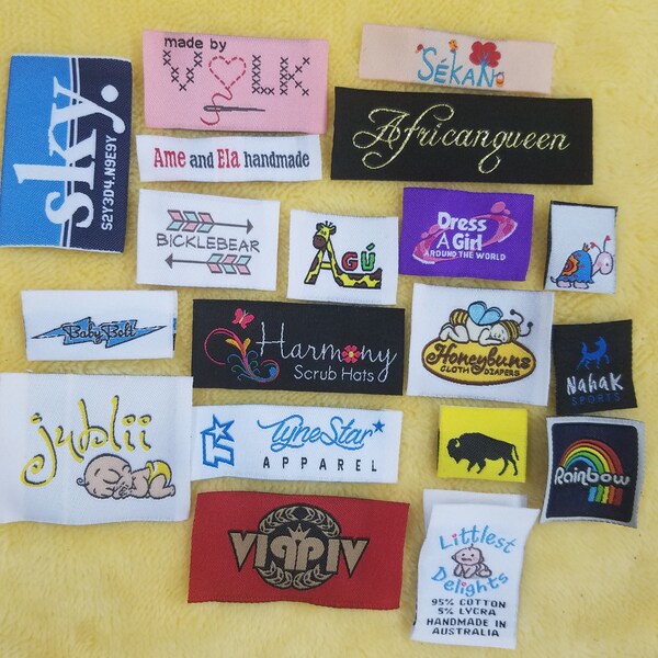 100pcs Customized Woven Labels (Made in Hong Kong) for Boutique, Hoods, Tee, Hat, Shirt, Dress, James, Tops, Bottoms, Pants, Jeans, Skirts