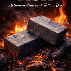May include: Two rectangular, dark gray activated charcoal tallow bars are stacked on a bed of glowing embers. The word "ASH" is displayed in large, elegant letters above the product, with the full product name below.