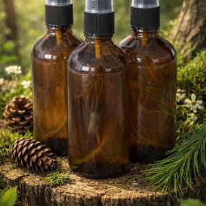 May include: Three amber glass spray bottles with black spray tops are arranged on a mossy tree stump. The bottles are filled with a clear liquid and have a natural, earthy aesthetic. Pine cones and greenery surround the bottles.
